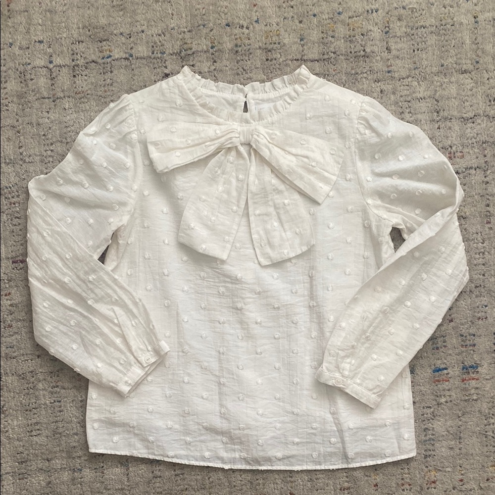 Zara Kids White Bow Textured Blouse with ruffle collar size 10